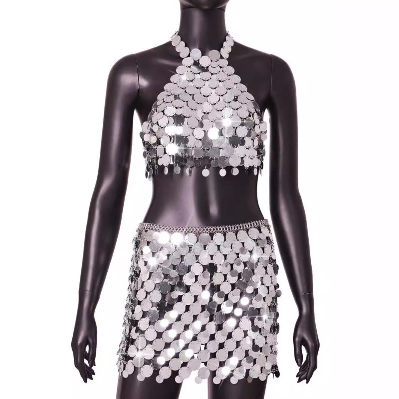 Set vestă și rochie din mărgele, cu bretele metalice, inspirat de stilul occidental, street-hipster pentru femei adulte LBZ20310