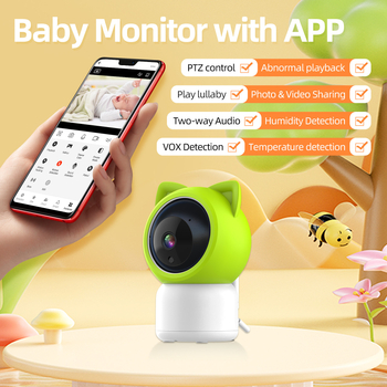 Monitor pentru bebeluși cu video 1080p, obiectiv 3.6 mm, viziune IR de noapte până la 15 m, control de la distanță prin aplicație, redare cântec de leagăn