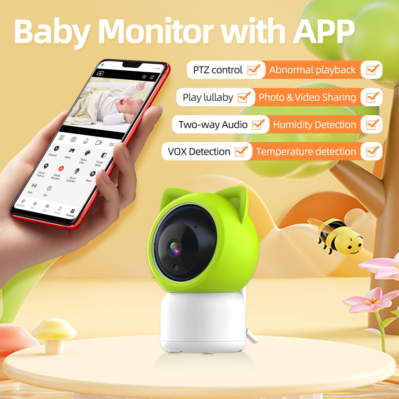 Monitor pentru bebeluși cu video 1080p, obiectiv 3.6 mm, viziune IR de noapte până la 15 m, control de la distanță prin aplicație, redare cântec de leagăn