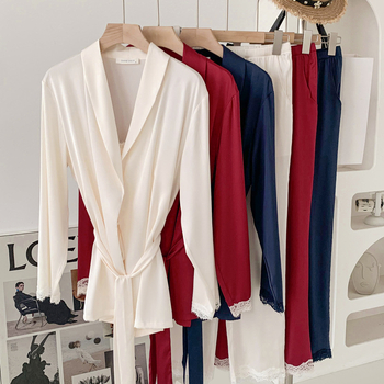 Ženski set pidžama od Ice Silk, tri dijela, V izrez, dugi rukavi, lagana prozračna kućna odjeća