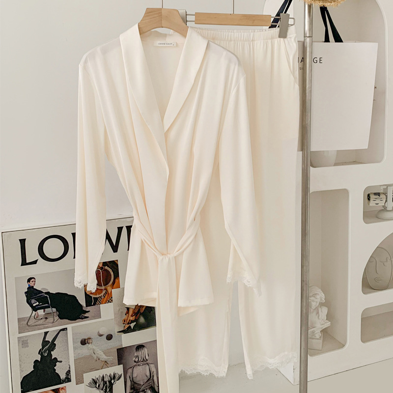 Ženski set pidžama od Ice Silk, tri dijela, V izrez, dugi rukavi, lagana prozračna kućna odjeća