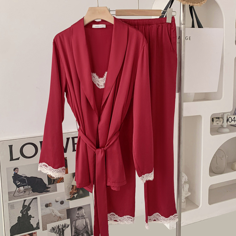 Ženski set pidžama od Ice Silk, tri dijela, V izrez, dugi rukavi, lagana prozračna kućna odjeća