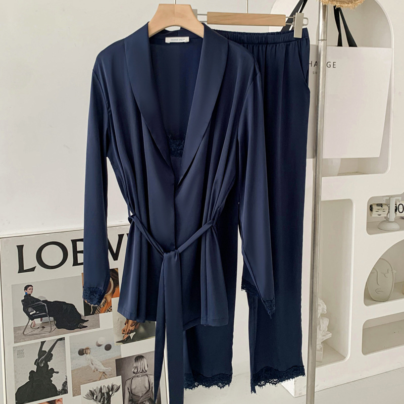Ženski set pidžama od Ice Silk, tri dijela, V izrez, dugi rukavi, lagana prozračna kućna odjeća