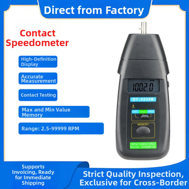 Kontaktný tachometer DT-2235B – presnosť 2,5–99 999 rpm; vzorkovanie 0,8 s; meracia vzdialenosť 50–500 mm; napájanie 9 V; 20 dátových záznamov