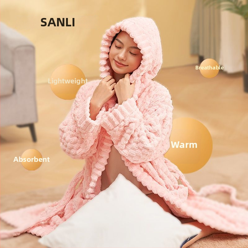 Unisex župan s kapucňou z korálového fleecu, 840 g, teplý na jeseň-zimu