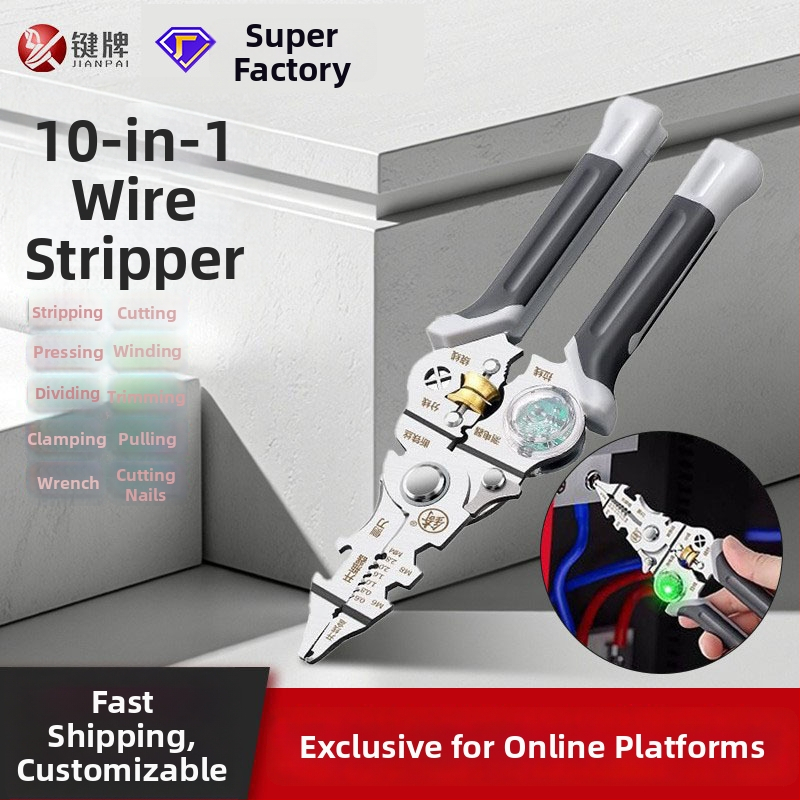10-v-1 multifunkčné kliešte na odizolovanie vodičov, priemyselného vyhotovenia, sekcie navíjania a krimpovania, s testovacími bodmi, Materiál: NiCr zliatina ocele