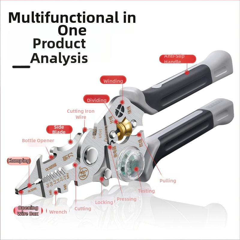 10-v-1 multifunkčné kliešte na odizolovanie vodičov, priemyselného vyhotovenia, sekcie navíjania a krimpovania, s testovacími bodmi, Materiál: NiCr zliatina ocele