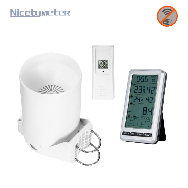 NicetyMeter 0206 Безжична метеорологична станция с измерител за валежи и мониторинг на температурата и влажността, 433MHz, 1 кг, лицензиран за частна марка