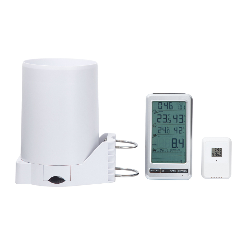 NicetyMeter 0206 Безжична метеорологична станция с измерител за валежи и мониторинг на температурата и влажността, 433MHz, 1 кг, лицензиран за частна марка