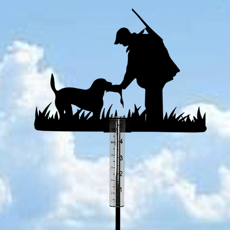 Vadász és kutya siluettjével csapadékmérő, kert dekoráció, 5 ml kapacitás, fém