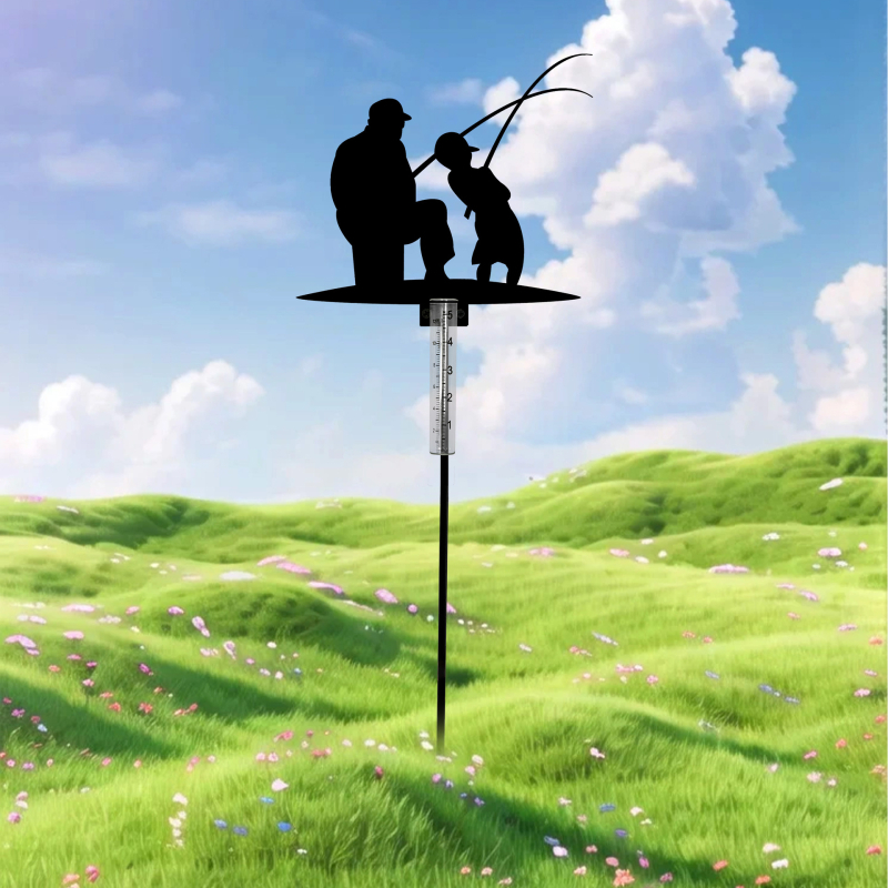 Öntöttvas esőmérő apa–fia motívummal, 5 hüvelykes kapacitás, kerthez és udvarhoz