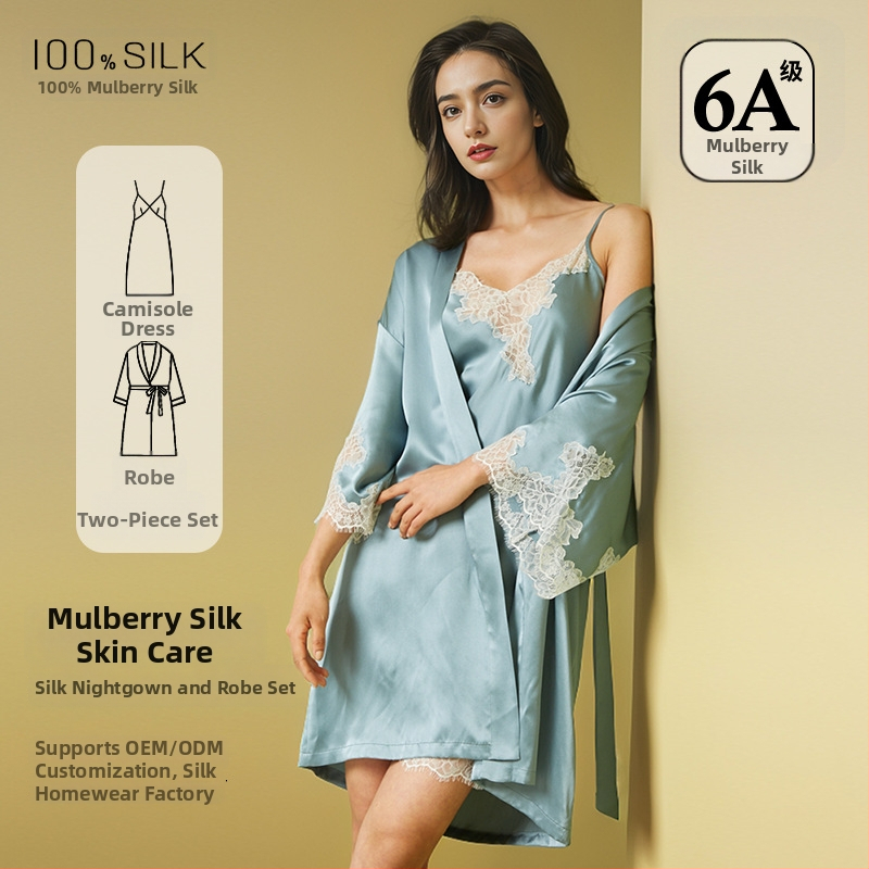 Dvodijelni svileni noćni set: kratka noćna haljina i ogrtač, 100% mulberry svila, lagana tkanina 121–140 g/m2, V-izrez, dugo rukavi, udoban za sve sezone