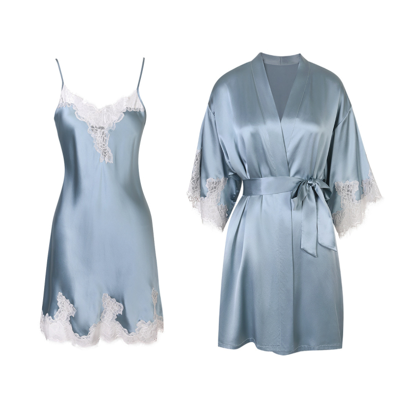 Dvodijelni svileni noćni set: kratka noćna haljina i ogrtač, 100% mulberry svila, lagana tkanina 121–140 g/m2, V-izrez, dugo rukavi, udoban za sve sezone