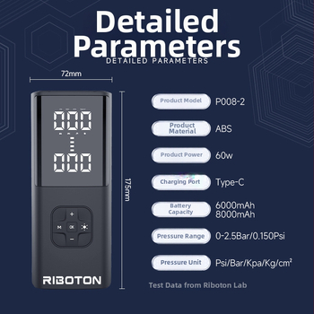 Kézben tartható vezeték nélküli elektromos levegőpumpa nyomásmérővel; kettős hengeres, 120W, 5V/3A, áramlás 25 L/min, LED fény