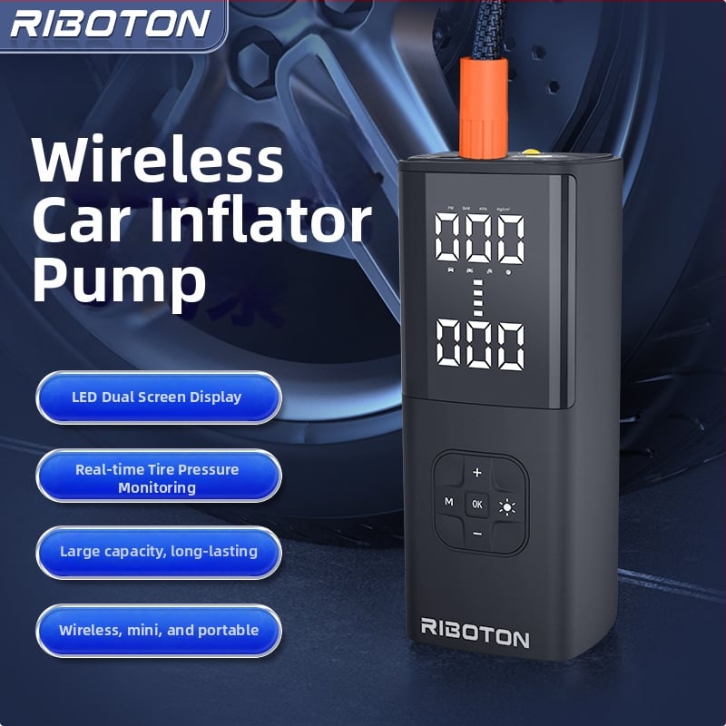 Kézben tartható vezeték nélküli elektromos levegőpumpa nyomásmérővel; kettős hengeres, 120W, 5V/3A, áramlás 25 L/min, LED fény