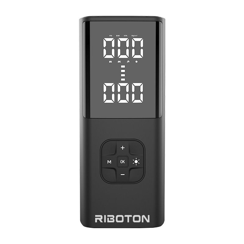 Kézben tartható vezeték nélküli elektromos levegőpumpa nyomásmérővel; kettős hengeres, 120W, 5V/3A, áramlás 25 L/min, LED fény