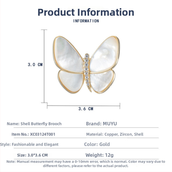 Ženska broš s leptiricom – bakar, mikro pavé, kopča od prirodnog bisera
