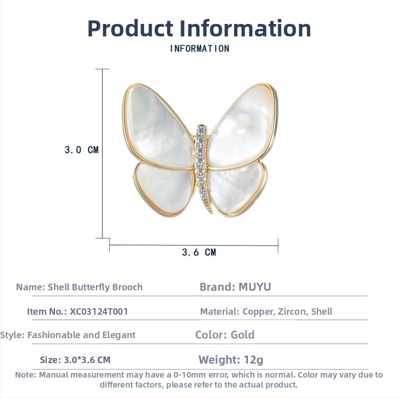 Ženska broš s leptiricom – bakar, mikro pavé, kopča od prirodnog bisera