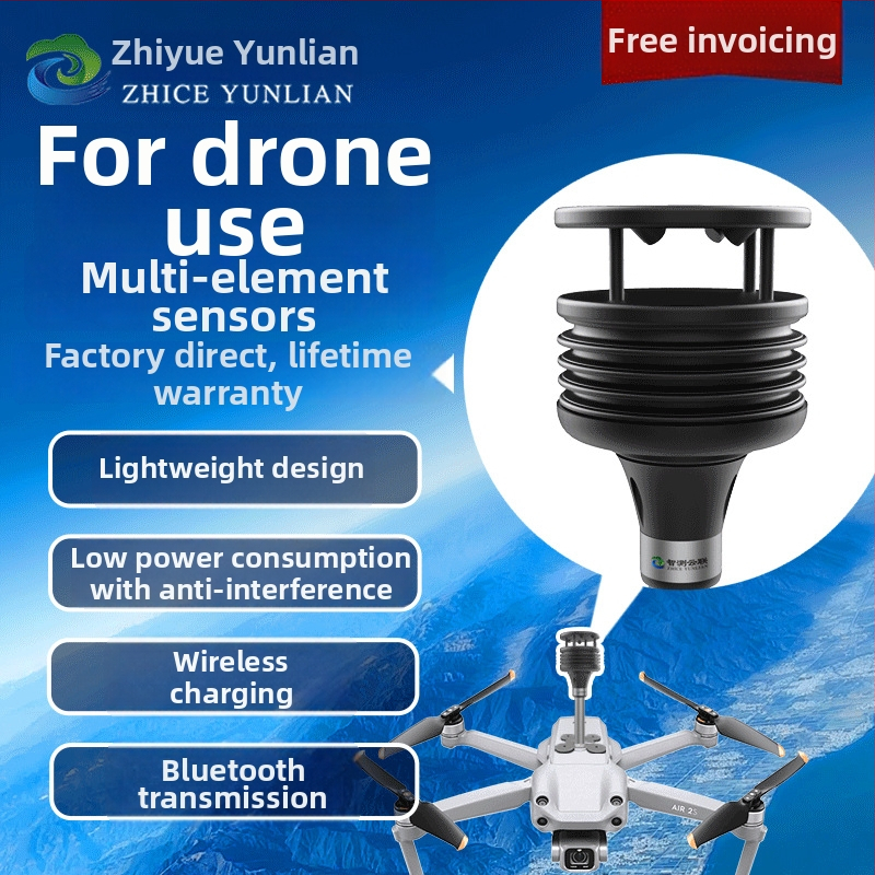Ultrazvuková mikro meteorologická stanica pre drony — rýchlosť a smer vetra, teplota, vlhkosť, zrážky; 9–30V; hmotnosť 1 kg; model ZC-