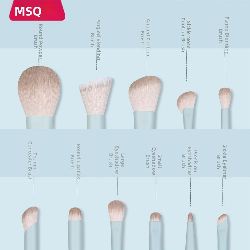 MSQ 11 darabos sminkecset készlet – műszálas sörték, műanyag nyél, teljes hossz 18,5 cm, sörtéjének hossza 5,5 cm, tartalmaz sminkecset-táskát
