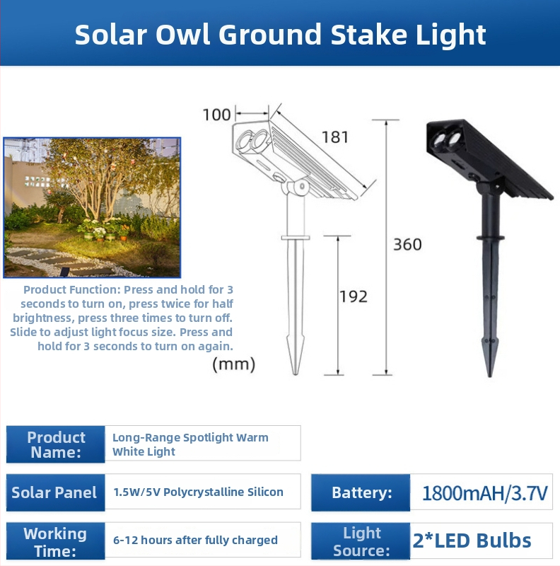Solarna lampa za travu IP65 vodootporna, 12V, 2W, LED patch 3030, trajanje rasvjete 6-12 sati — model Solar owl ground lamp
