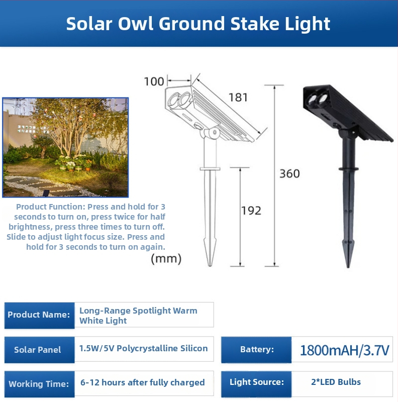 Solarna lampa za travu IP65 vodootporna, 12V, 2W, LED patch 3030, trajanje rasvjete 6-12 sati — model Solar owl ground lamp