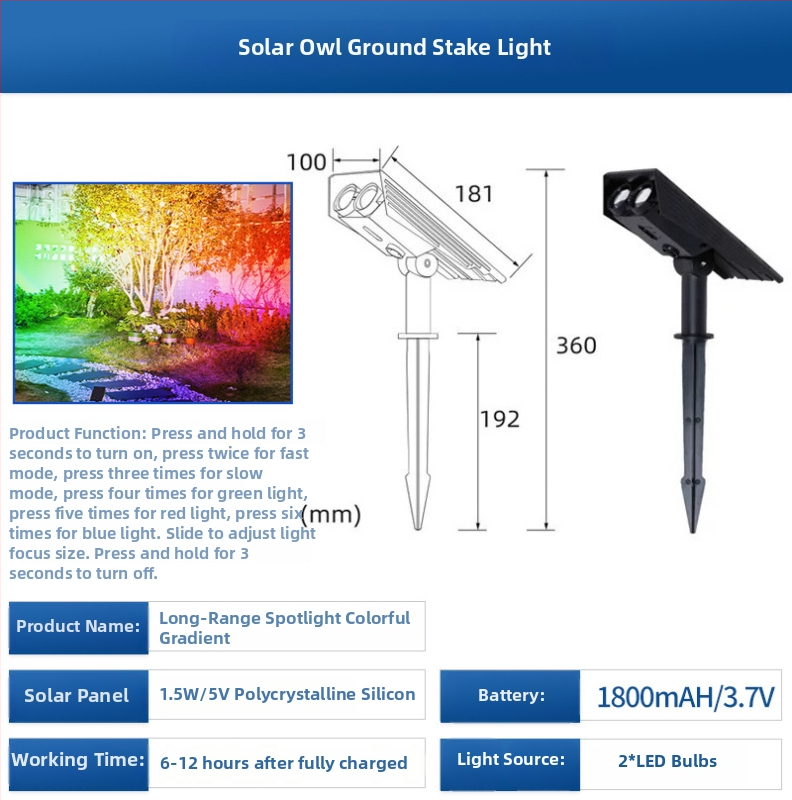 Solarna lampa za travu IP65 vodootporna, 12V, 2W, LED patch 3030, trajanje rasvjete 6-12 sati — model Solar owl ground lamp