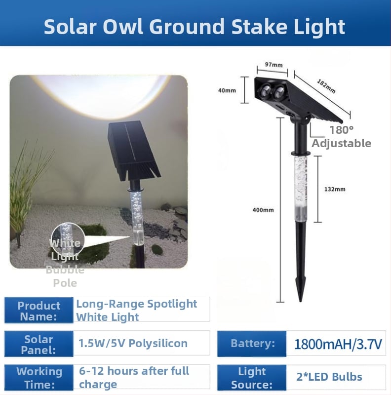Solarna lampa za travu IP65 vodootporna, 12V, 2W, LED patch 3030, trajanje rasvjete 6-12 sati — model Solar owl ground lamp