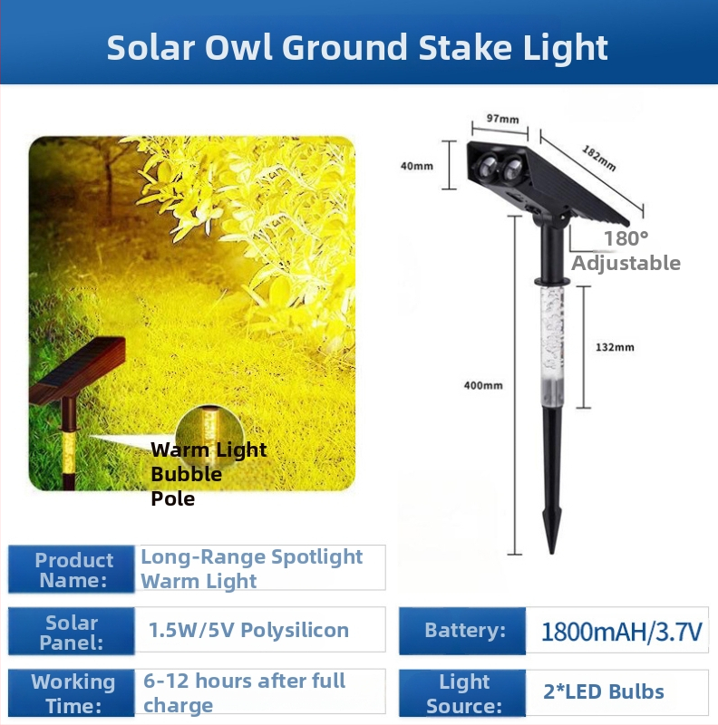 Solarna lampa za travu IP65 vodootporna, 12V, 2W, LED patch 3030, trajanje rasvjete 6-12 sati — model Solar owl ground lamp