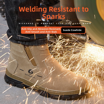 Dýchajúce zváračské pracovné topánky z velúrovej kože, stredná výška, oceľová špička, ochrana proti nárazu a prepichnutiu