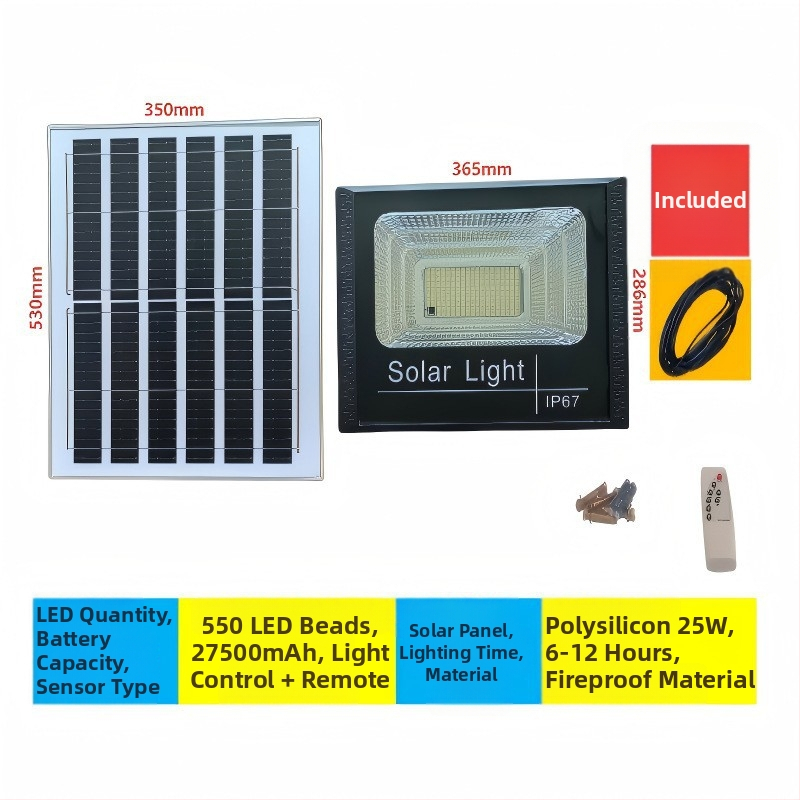 Solarni reflektor za dvorište i ulicu, unutarnja i vanjska upotreba, IP67, 6V, 40–500W, daljinski upravljač