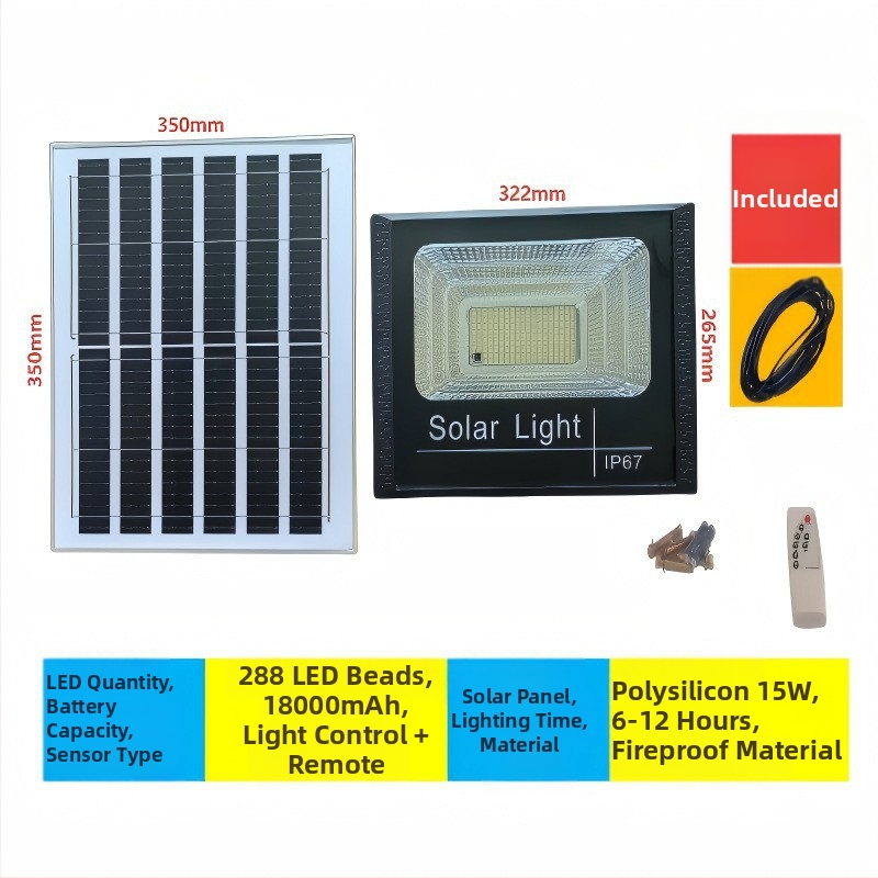 Solarni reflektor za dvorište i ulicu, unutarnja i vanjska upotreba, IP67, 6V, 40–500W, daljinski upravljač