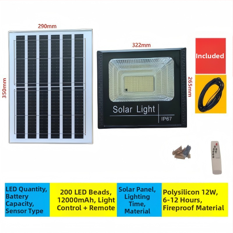 Solarni reflektor za dvorište i ulicu, unutarnja i vanjska upotreba, IP67, 6V, 40–500W, daljinski upravljač