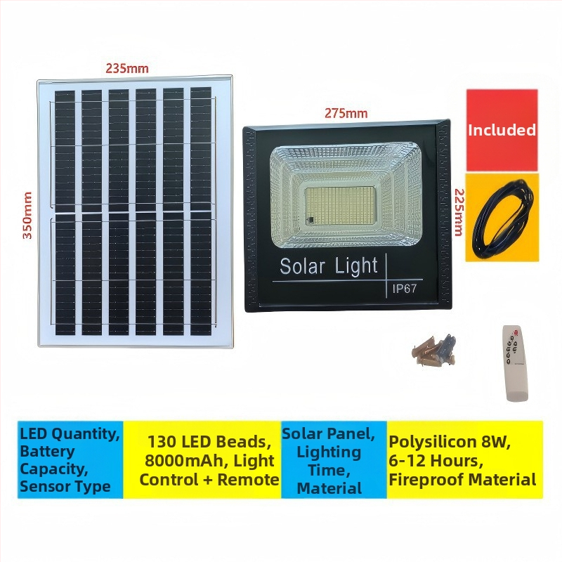Solarni reflektor za dvorište i ulicu, unutarnja i vanjska upotreba, IP67, 6V, 40–500W, daljinski upravljač