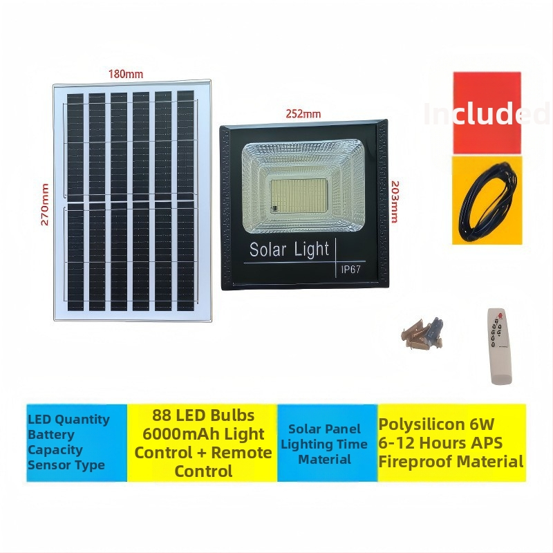 Solarni reflektor za dvorište i ulicu, unutarnja i vanjska upotreba, IP67, 6V, 40–500W, daljinski upravljač