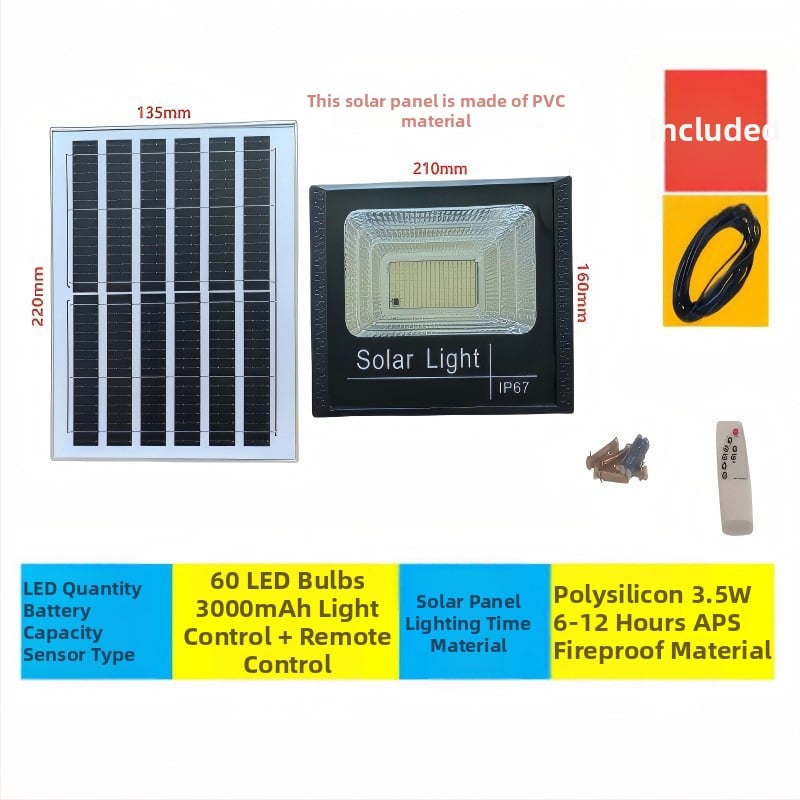 Solarni reflektor za dvorište i ulicu, unutarnja i vanjska upotreba, IP67, 6V, 40–500W, daljinski upravljač
