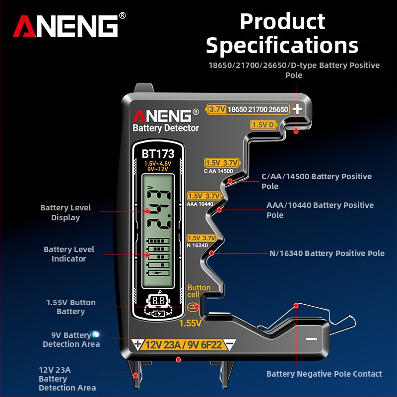 Aneng tester batérií - vysoká presnosť, zobrazenie zostávajúcej kapacity, meranie napätia batérie (vysoká presnosť; zobrazenie zostávajúcej kapacity; meranie napätia batérie)