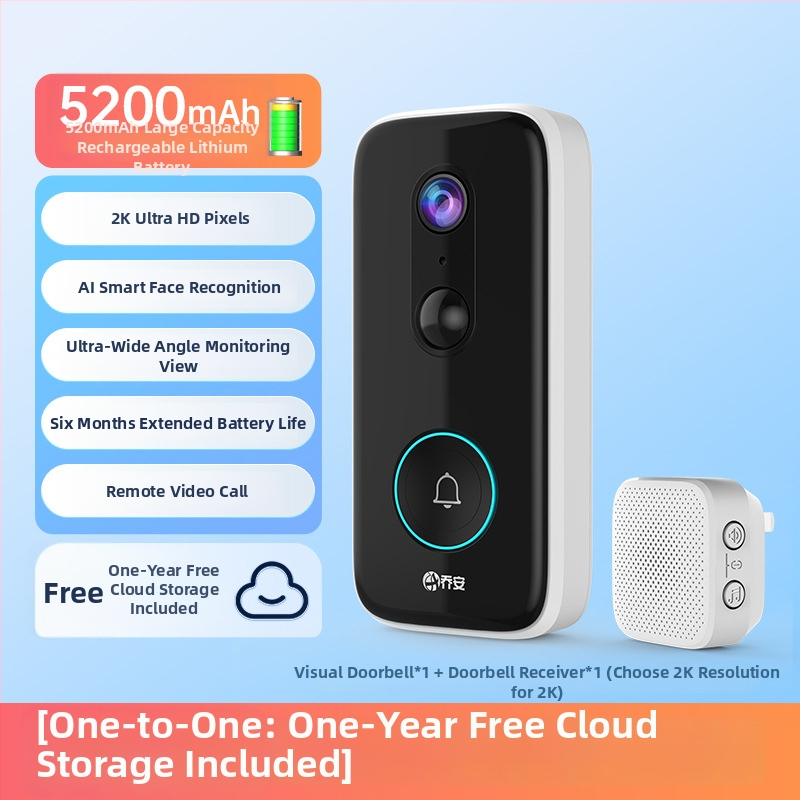 Bežični video zvono za vrata s funkcijom zaštite od krađe, 360° pogled, 1080p/2K, cloud pohrana