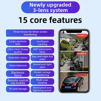 Cameră de supraveghere solară cu trei lentile, exterior, acoperire de 360°, impermeabilă
