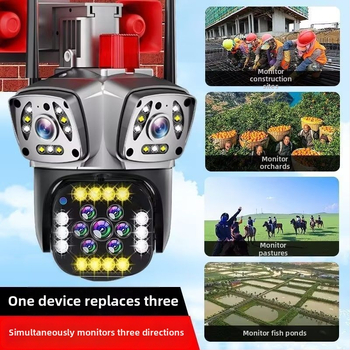 Cameră de supraveghere solară cu trei lentile, exterior, acoperire de 360°, impermeabilă