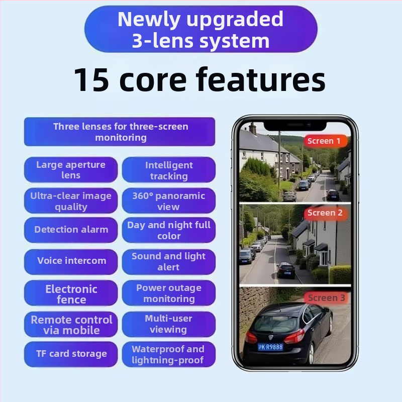 Cameră de supraveghere solară cu trei lentile, exterior, acoperire de 360°, impermeabilă