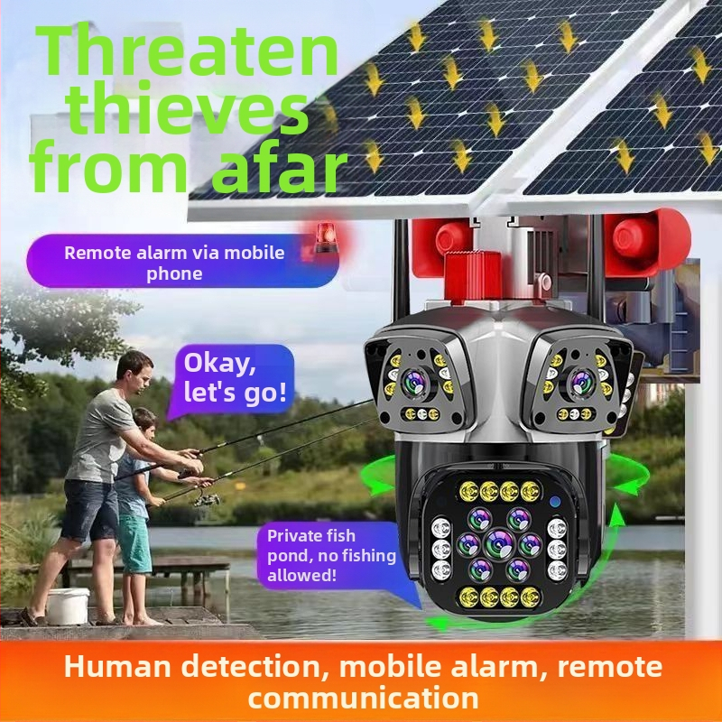 Cameră de supraveghere solară cu trei lentile, exterior, acoperire de 360°, impermeabilă