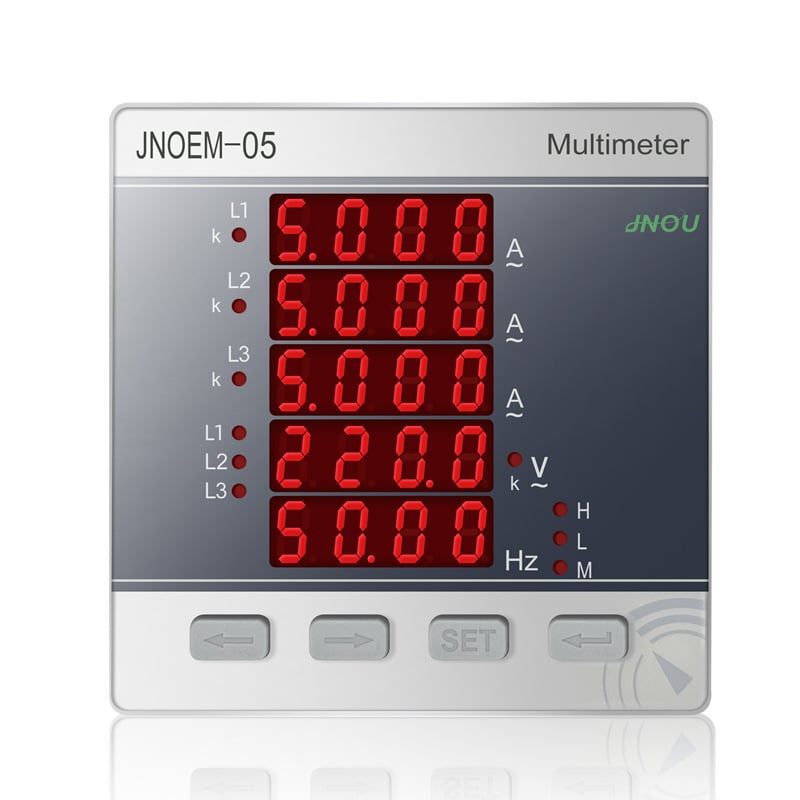 Contor de putere trifazat cu trei afișaje pentru tensiune, curent și frecvență – măsurare pentru motor cu curent alternativ