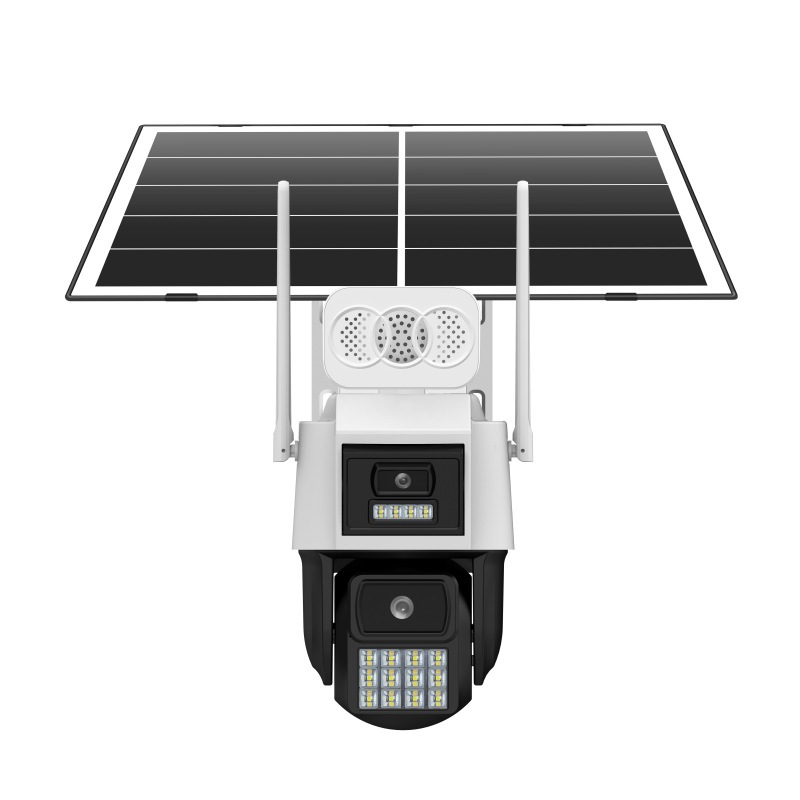 Cameră de securitate solară pentru exterior — iluminare minimă 0.001 lux, SNR > 20 dB, interval de operare -20°C până la 45°C, alimentare 5V, funcție de alarmă