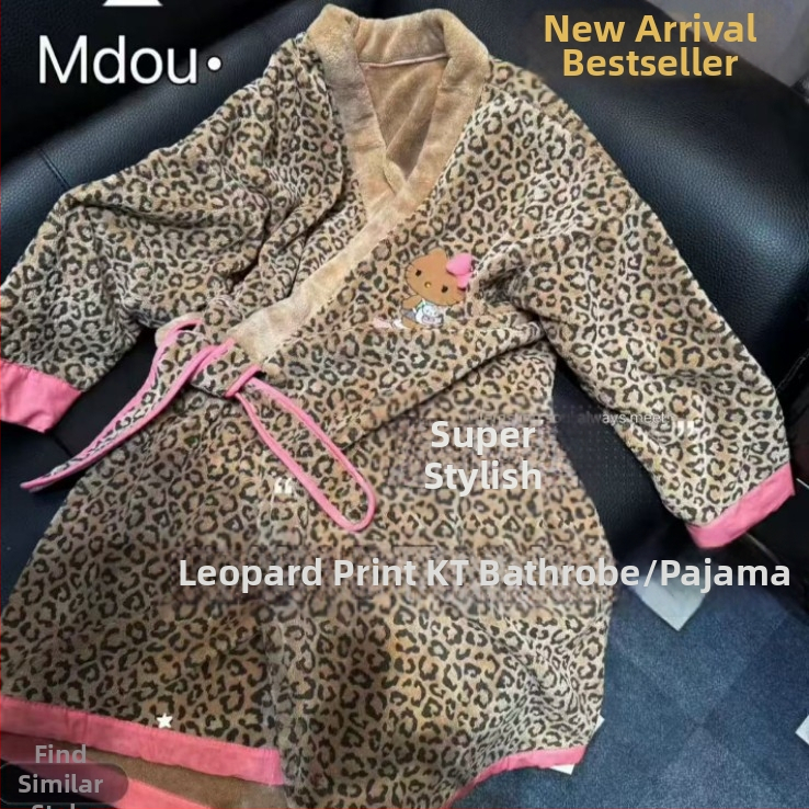 Župan s leopardím vzorom z korálového fleecu, hrubý a teplý pre ženy, 85% polyester