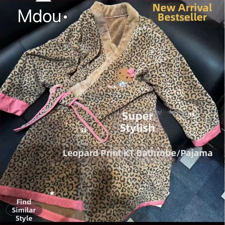 Župan s leopardím vzorom z korálového fleecu, hrubý a teplý pre ženy, 85% polyester