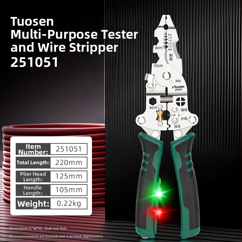 Xtuosen Káblové odizolovacie kliešte – Elektrikársky multifunkčný nástroj s elektrickým testom, špičatá špička, 0,22 kg, Model 251051