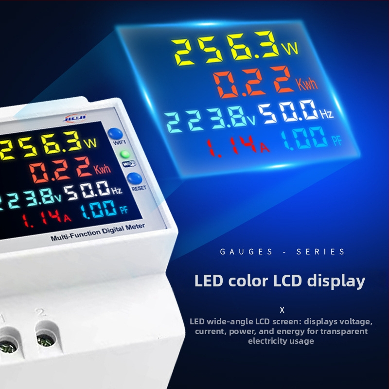 WiFi DIN-sín energia-mérő – 220V, áram, teljesítmény, frekvencia, teljesítmény-tényező