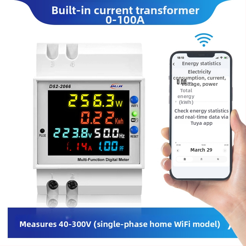 WiFi DIN-sín energia-mérő – 220V, áram, teljesítmény, frekvencia, teljesítmény-tényező