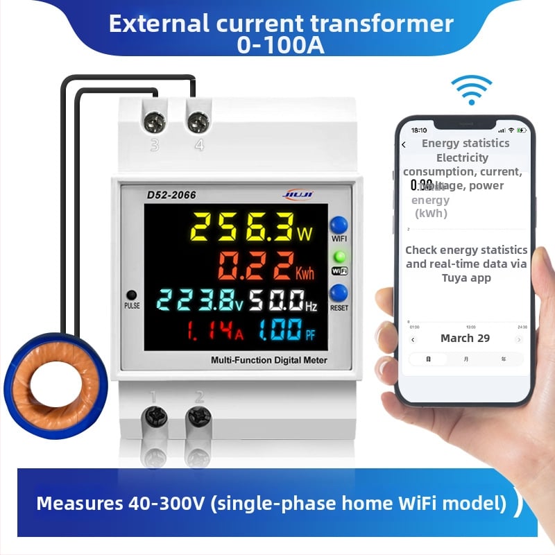 WiFi DIN-sín energia-mérő – 220V, áram, teljesítmény, frekvencia, teljesítmény-tényező